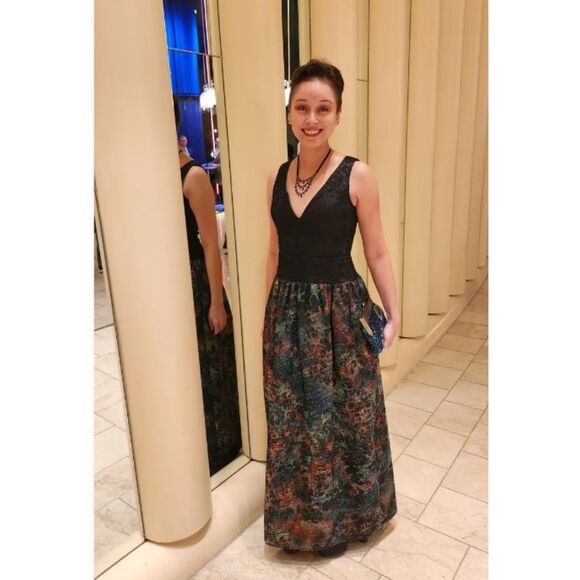 Monique Lhuillier Metallic Ball Gown Black Floral 2 - Picture 2 of 9